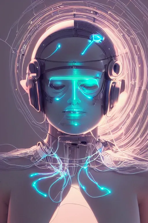 Prompt: A beautiful woman wearing a cybernetic helmet with many wires plugged into is and in her body by Moebius and Beeple