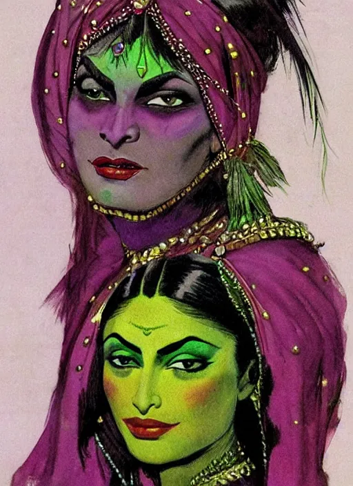 Prompt: portrait of muscular indian vampiress, jeweled veil, purple and green, strong line, saturated color, beautiful! coherent! by frank frazetta, high contrast, minimalism