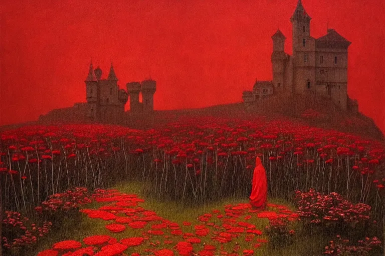 Image similar to only with red, red flowers of different types, a red tiger, a castle in the background, medieval demons dance over the flowers, an ancient path, in the style of beksinski, part by hopper, part by rodcenko, part by hofbauer, intricate composition, red by caravaggio, insanely quality, highly detailed, masterpiece, red light, artstation