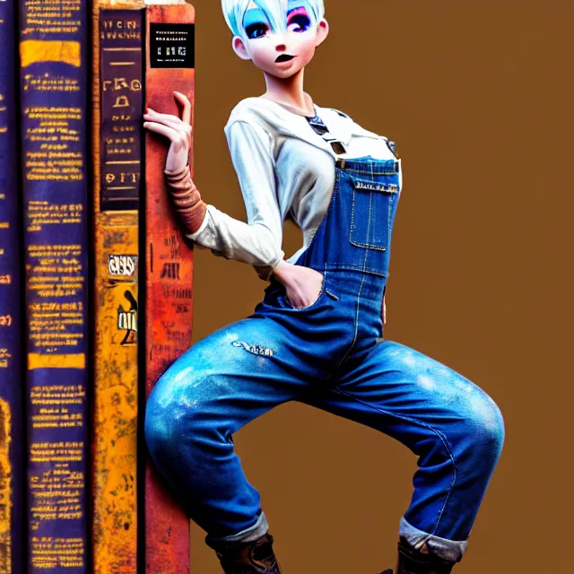 Image similar to full body pose, beautiful adult fairy, pixar, short white hair shaved sides, dirty, grungy, grunge, long sleeve, painted overalls, stacks of giant books, highly detailed, 4 k, hdr, smooth, sharp focus, high resolution, award - winning photo, artgerm, photorealistic