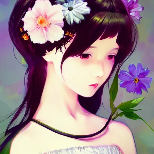 Prompt: little girl with flowers in hair wearing an white dress, art by ilya kuvshinov, profile picture, inspired in hirohiko araki, realistic, highly detailed, anime face