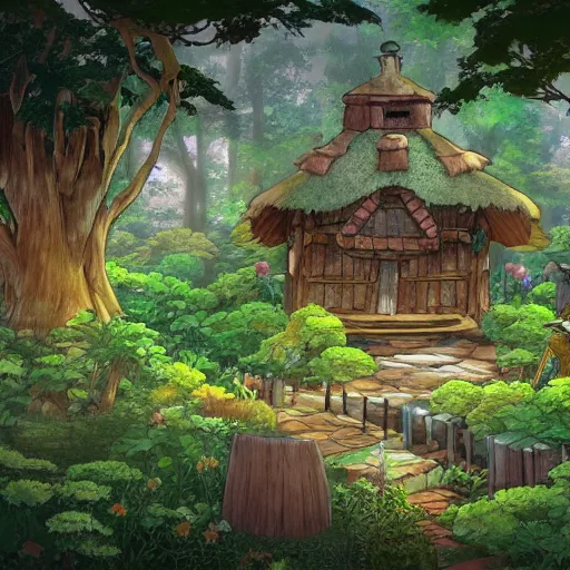 Prompt: a forrest mystical society and village, studio ghibli style