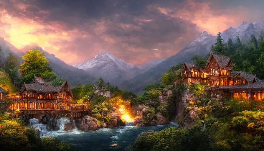 Image similar to rivendell with mcdonald's restaurant built in the mountains with waterfalls and forest at the foot of green gigantic mountains at sunset, fireplace, hyperdetailed, artstation, cgsociety, 8 k