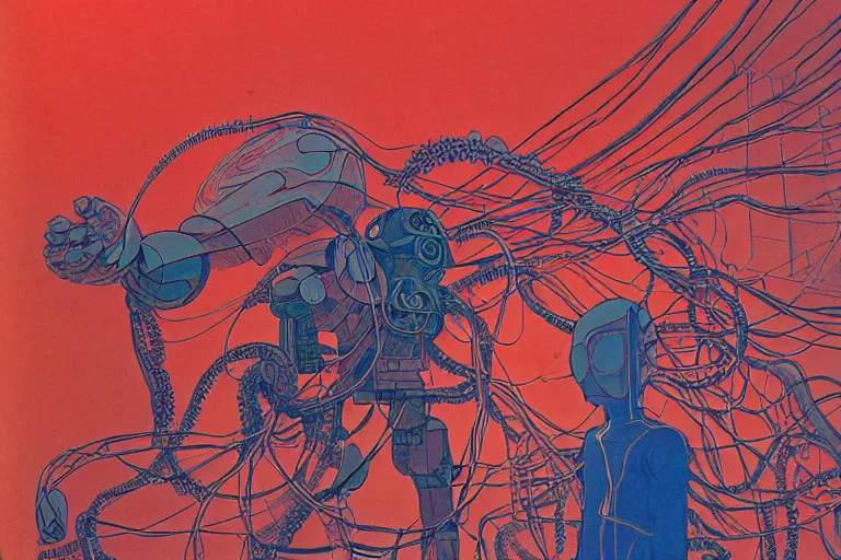 Prompt: risograph grainy drawing vintage sci - fi, satoshi kon color palette, gigantic gundam full - body covered with human bodies and wires, with lot tentacles, vermilion color, codex seraphinianus painting by moebius and satoshi kon and dirk dzimirsky close - up portrait