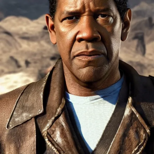 Image similar to Denzel Washington in fallout new vegas, movie still, face close-up, in color, detailed face, 4k