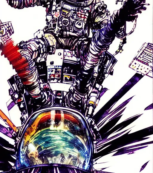 Image similar to psychedelic astronaut samurai riding on the top of a rocketship, comic book art, by yoji shinkawa and takehiko inoue and kim jung gi, masterpiece, perfect