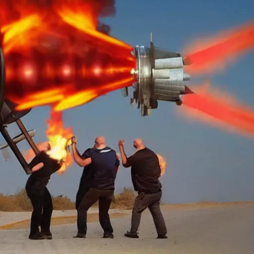 Image similar to a muscular bald man carrying two turbine engines with fire spitting out