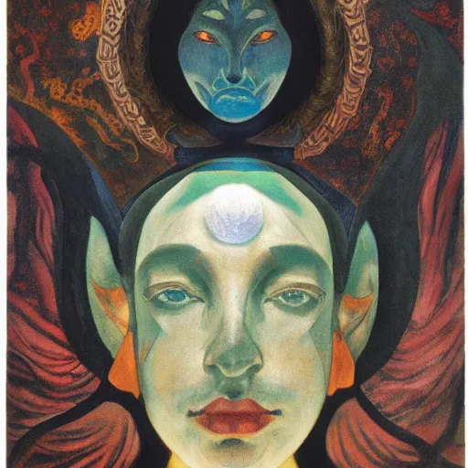 Image similar to crown of shadows, by Annie Swynnerton!! and Nicholas Roerich! and (((((( Diego Rivera)))))), bioluminescent skin!, elaborate costume, geometric ornament, symbolist, rich colors, dramatic lighting, smooth, sharp focus, extremely detailed