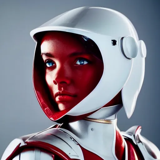 Image similar to headshot of an beautiful female soldier in glossy sleek white armor with tiny red details and a long red cape, downward angle, determined expression, on the surface of mars, night time, dramatic lighting, cinematic, sci-fi, hyperrealistic