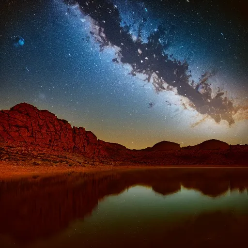 Image similar to beautiful moonlit dark starry landscape photography of an Arizona desert, lake