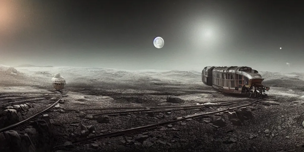 Prompt: ! dream ultra realistic illustration, an outdoor on the moon with an old broken train, lunar landscape, elegant, highly detailed, artstation, concept art, smooth, sharp focus, moody, dramatic lighting