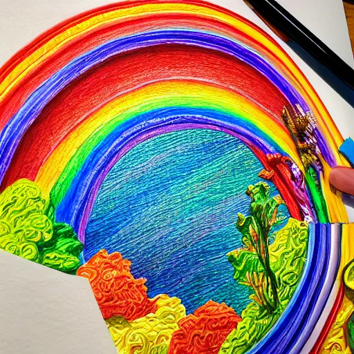 Prompt: Intricate five star rainbow landscape by Anna Kullberg, Colored pencil on paper, high detail, skin texture, photo realistic, hyperrealism,matte finish, high contrast, 3d depth, masterpiece, vivid colors, artstationhd