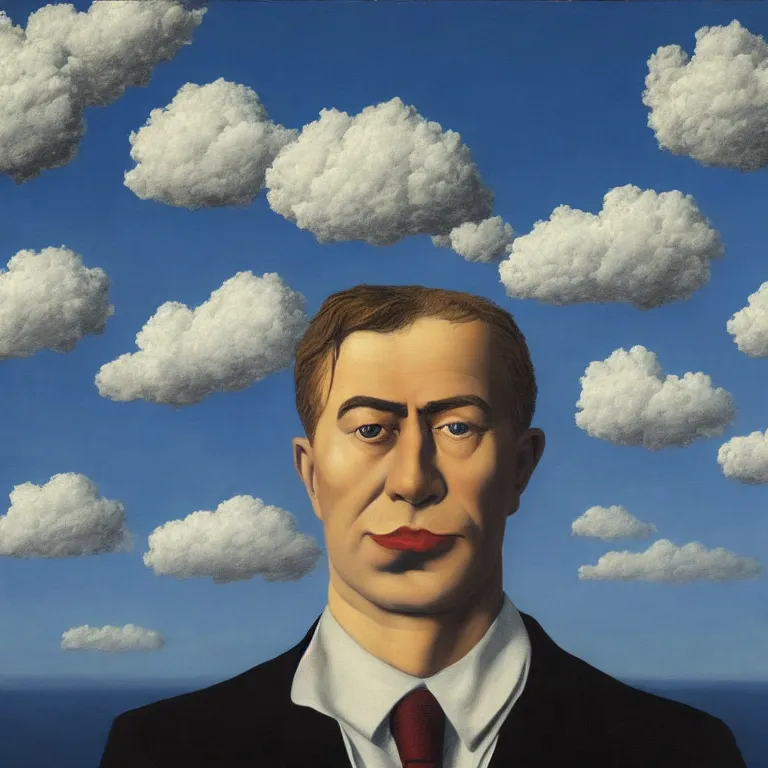 Image similar to portrait of a faceless shadow - head man with messy hair in a suit, clouds in the background, by rene magritte, detailed painting, distance, middle centered, hd, hq, high resolution, high detail, 4 k, 8 k