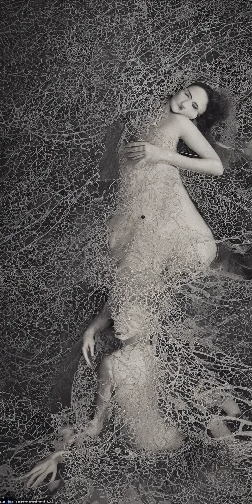 Image similar to a woman entwined in a coral reef, made of intricate decorative lace leaf skeleton, in the style of the dutch masters and gregory crewdson, dark and moody