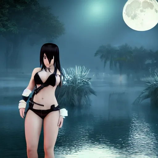 Image similar to tifa lockheart, sacred tattoos, playing in a lagoon, magical moon shines overhead, cinematic shot in the style of anime, cinematic lighting, hyperdetailed, 8 k realistic, symmetrical, global illumination, mysterious light, cryengine 5, dof, trending on artstation, trending on deviant art, digital art, chanel