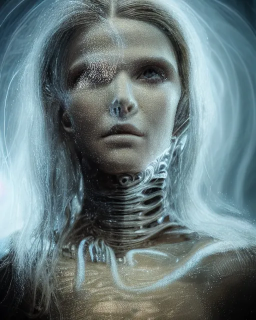 Image similar to luminescent long exposure light painting by h. r. giger of a beauteous practical sumptuous full frame photo realistic face, lifelike incredible hair, crystalline masterpiece incrustations, hyperdetailed face, elegant pose, movie still, intricate, octane render, cinematic forest lighting,