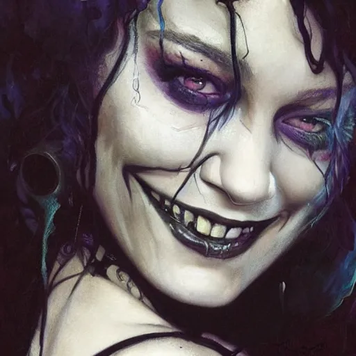 Image similar to beautiful portrait of vanessa hudgens as death from sandman, smiling, by cedric peyravernay, alphonse mucha, by jeremy mann, by lecouffe deharme, goth chic, soft lightning, eyeliner, punk rock, high detailed, 8 k