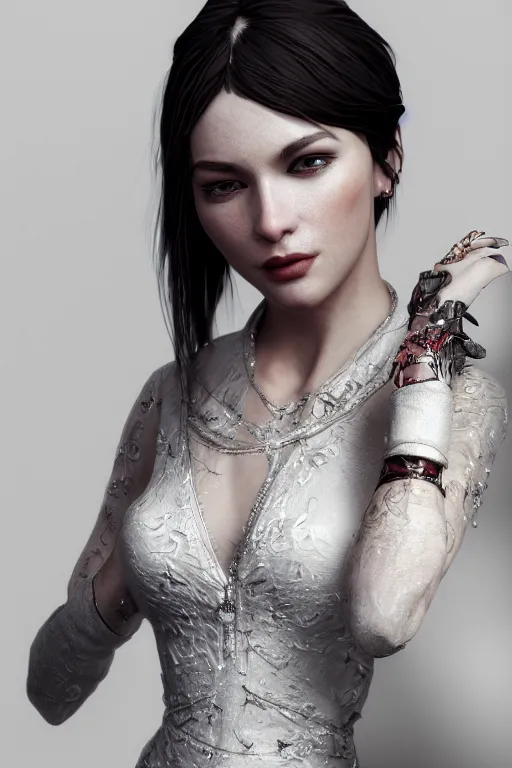 Image similar to an elegant woman in her 30s, alone in the white background, hypermaximalistic, high details, cinematic, 8k resolution, beautiful detailed, insanely intricate details, artstation trending, octane render, unreal engine