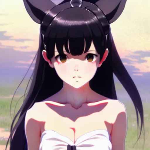 Image similar to a full body / a film still portrait of the dressed catgirl, finely detailed features, closeup at the faces, perfect art, gapmoe yandere grimdark, trending on pixiv fanbox, painted by greg rutkowski makoto shinkai takashi takeuchi studio ghibli, akihiko yoshida