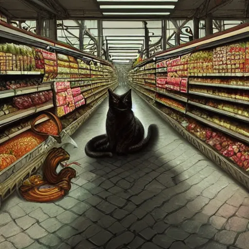 Image similar to digital painting of a super market grocery shopping elegant but deadly cat snake, cat snake serpent cat hybrid monster, by Greg Rutkowski, magic the gathering concept art, trending on artstation, 4k resolution, ((in a super market Costco))