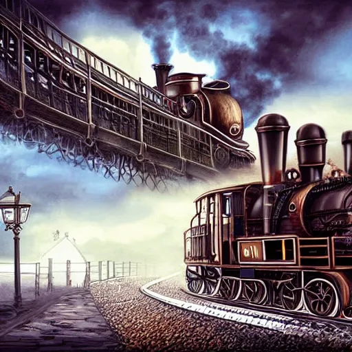 Image similar to a steampunk train, digital art, hyperrealistic