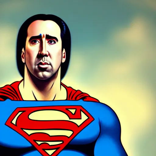 Image similar to upper body portrait of nicolas cage as superman, intricate, elegant, highly detailed, digital painting, artstation, concept art, smooth, sharp focus, illustration, art by artgerm and greg rutkowski and alphonse mucha, award winning, 8 k