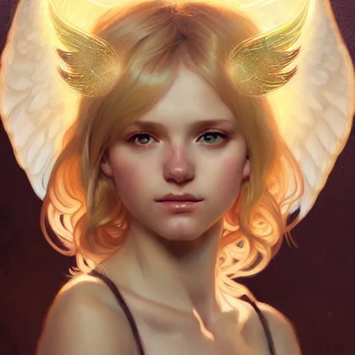 Image similar to Portrait of a girl angel with blonde hair, cat ears, glowing halo, wings, fantasy, intricate, elegant, highly detailed, digital painting, artstation, concept art, smooth, sharp focus, illustration, art by Krenz Cushart and Artem Demura and alphonse mucha