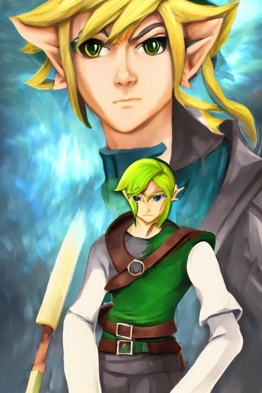 Image similar to an in game portrait of link from persona, persona art style.