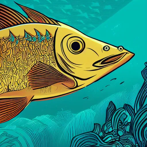 Image similar to one stylized fish, viewed in profile, dark ocean, complex patterns, artstation, intricate, realistic, highly detailed, digital painting, concept art, sharp focus, illustration by tom whalen and charles williams and kilian eng and james jean