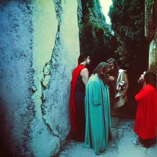 Prompt: photo, tlaquepaque, judas betrays jesus, kodak ektachrome 1 2 0,