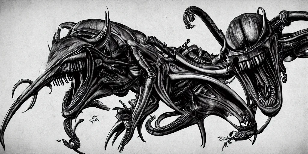 Image similar to xenomorph inspired buffalo, in the style of H.R. Giger, digital art