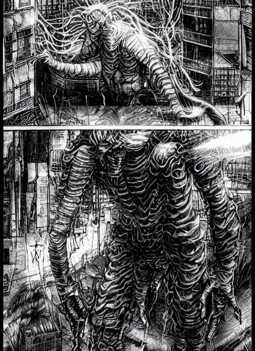 Image similar to detailed manga comic a sleeper stalker monster creature designed by backrooms, silent hill 2, neill blomkamp, gantz, in toronto spadina ave. neighbourhood in the 1 9 9 0's. polaroid, high production value, intricate details, 8 k resolution, hyperrealistic, hdr, photorealistic, high definition, tehnicolor, masterpiece, amazing colors,