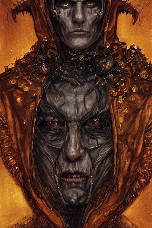 Image similar to portrait of demonic gothic Tom Cruise holy priest, cyberpunk, Warhammer, highly detailed, artstation, illustration, art by Gustav Klimt