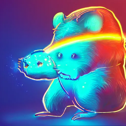 Image similar to cyberpunk hamster! holding rainbow! gem! crystal, neon lights, light reflection, 8 k, hd