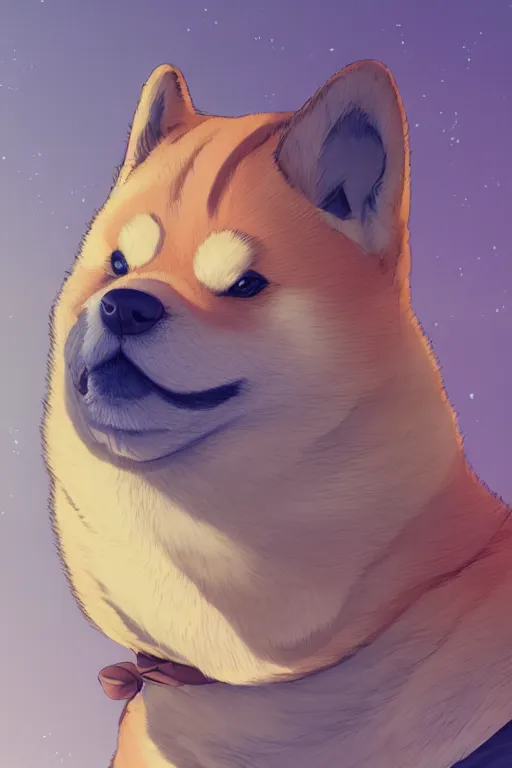 Image similar to portrait of fat shiba inu, fursona, anthro, male, bushy yellow eyebrows, detailed golden tan fur, anime key visual, concept art, digital painting, makoto shinkai