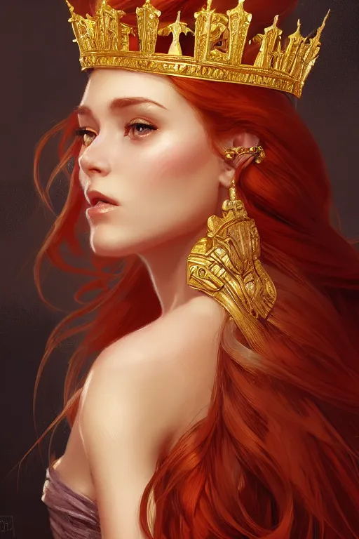 Image similar to beautiful female princess with a golden tiara on her head, portrait shot, long red hair, d & d, fantasy, intricate, elegant, highly detailed, digital painting, artstation, concept art, matte, sharp focus, illustration, hearthstone, art by artgerm and greg rutkowski and alphonse mucha