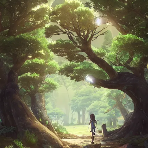 Image similar to mythical glowing runes, beautiful ancient trees, hiding large treasure chest, serene evening atmosphere, soft lens, soft light, cel - shading, animation, in the style of cgsociety, deviantart, artstation, zbrush, cinema 4 d, studio ghibli, akihiko yoshida, atelier lulua, masamune shirow