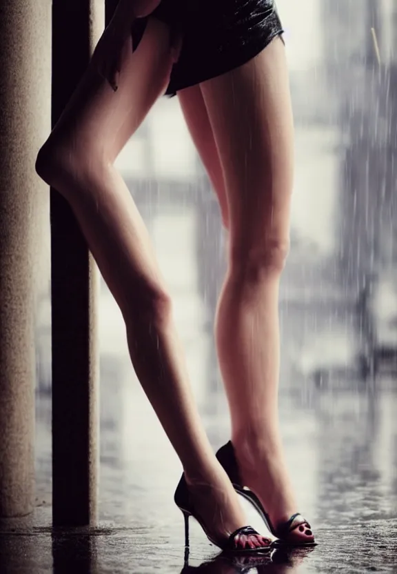 Image similar to cosmopolitan model annie leonhart posing with open toe heels in dunwall city, beautiful face, detailed face, realistic eyes, cinematic lighting, rainy weather, melancholy atmosphere, volumetric light, gothic architecture, realistic reflections, model agency, instagram photo, depression atmosphere, shot on sony a 7 iii