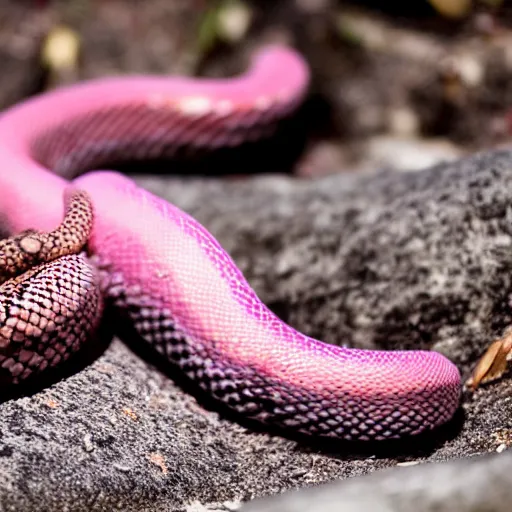Prompt: a pink striped boa snake curled up on an ice cream cone, boa ice cream