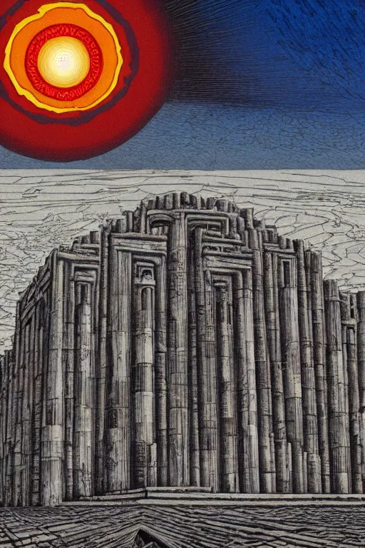 Prompt: a blazing geometric sun above a monolithic temple, detailed, cell shaded, 4 k, warm colours, concept art, by stanley donwood,