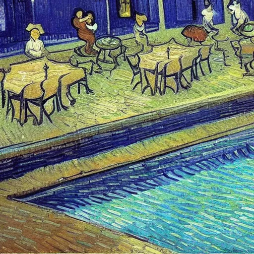 Prompt: painting by van gogh, swimming pool