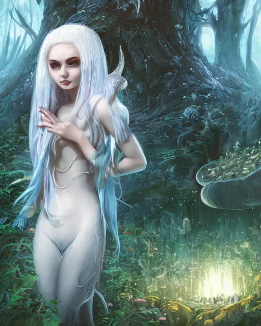 Prompt: girl with white hair and mushroom dress, fantasy swamp, bizarre, illustration, scifi, radiant, beautiful, atmosphere, harmony, top lighting, blue eyes, focused, perfect composition, artstation, highly detailed, art by yuhong ding and chengwei pan and serafleur and ina wong