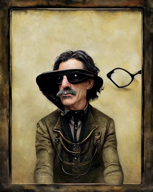 Image similar to Portrait steampunk Sam Elliott wearing safety goggles and black coat by charlie bowater elina brotherus greg rutkowski Dan Witz paul klee jamie wyeth victo ngai