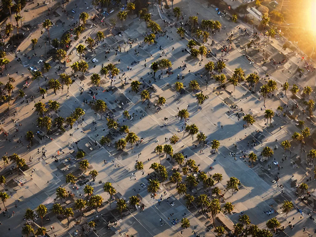 Prompt: “A ariel view 28mm photo of the venice beach skate park at sunset, national geographic photo, majestic”