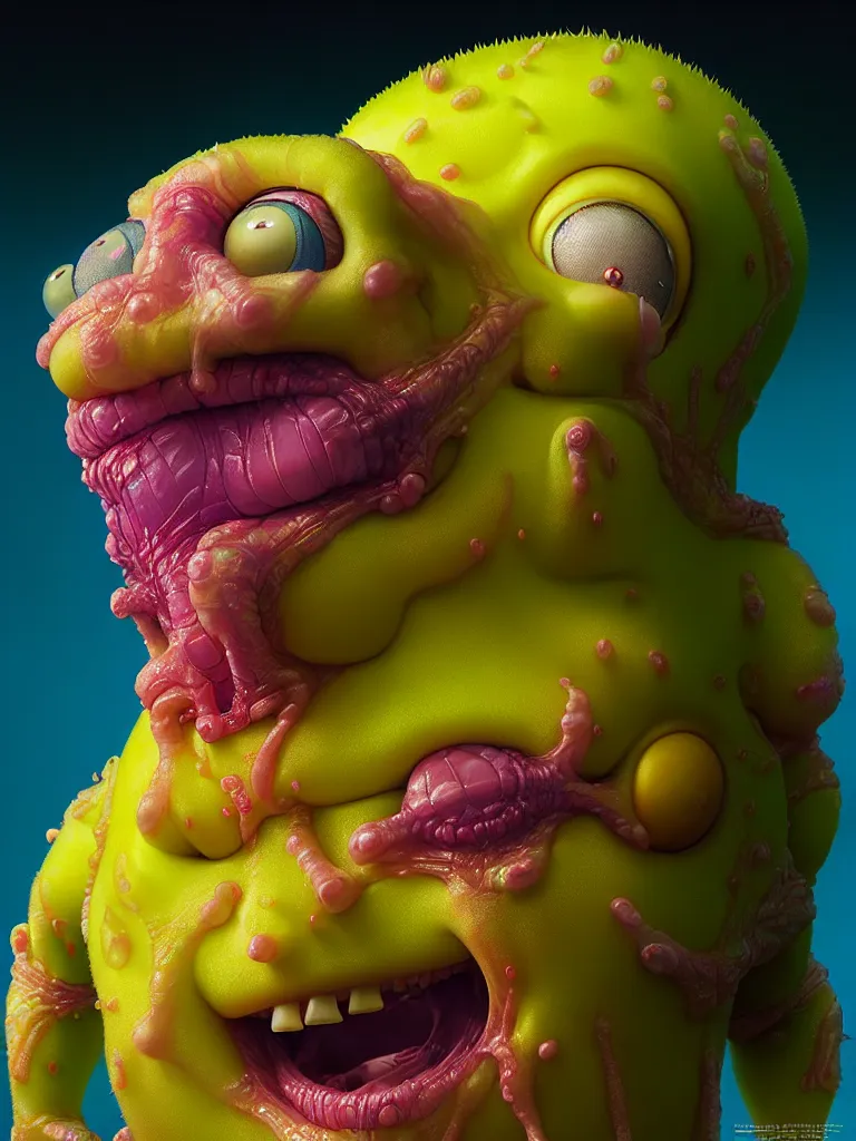 Image similar to hyperrealistic rendering, fat smooth cronenberg flesh monster spongebob by donato giancola and greg rutkowski and wayne barlow and zdzisław beksinski, product photography, action figure, sofubi, studio lighting, colored gels, colored background