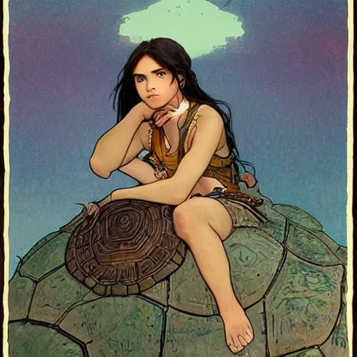 Image similar to a little warrior girl sitting on top of one giant turtle seen from a distance in the desert. the girl has dark skin and beautiful green eyes, realistic full body and a very beautiful detailed symmetrical face with long black hair. diffuse light, dramatic sky and landscape, fantasy illustration by mucha