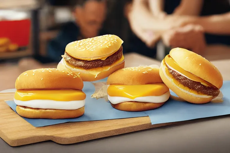 Image similar to mcdonalds stacked cheese slices between sesame seed buns, commercial photograph