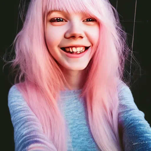 Prompt: beautiful hyperrealism selfie of a cute 3 d young woman smiling smugly, long light pink hair, flushed face, small heart - shaped face, amber eyes, golden hour, 8 k, instagram
