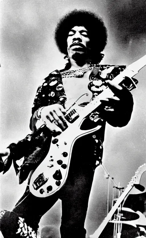 Prompt: jimi hendrix burning a stratocaster on the stage, cinematic composition and lighting