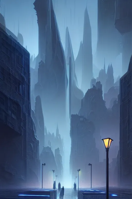 Image similar to emissary futuristic cityscape with blue street lamps, windows lit, stone marble sculptures in a courtyard, by tim blandin and arthur haas and bruce pennington and john schoenherr, cinematic matte painting, zaha hadid building, photo realism, dark moody color palate, blue hour stars, desolate glacial landscape,